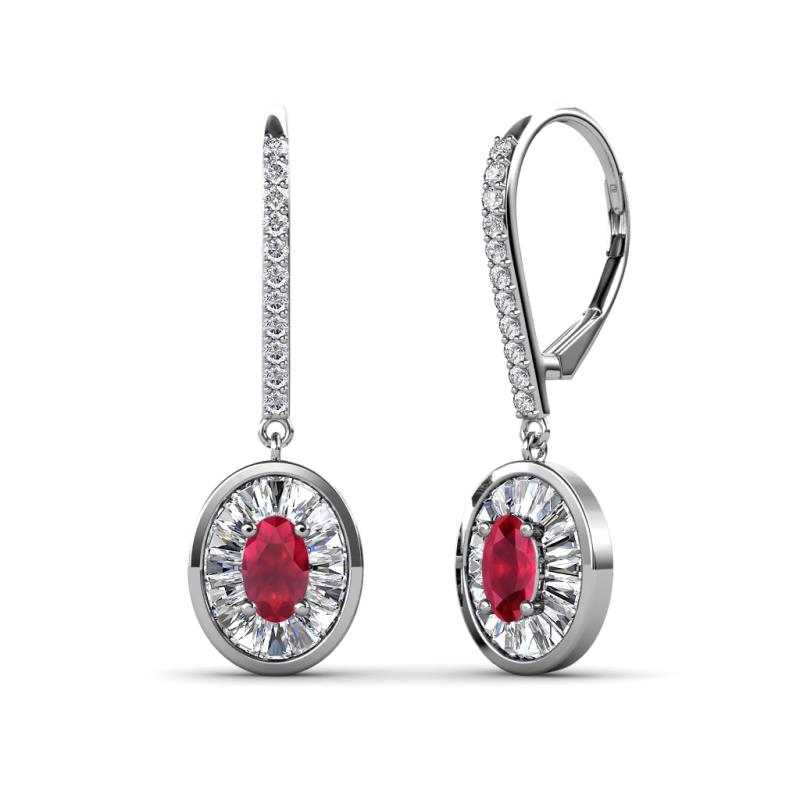 Dahlia Iris Oval Cut Ruby and Baguette Diamond Halo Dangling Earrings 