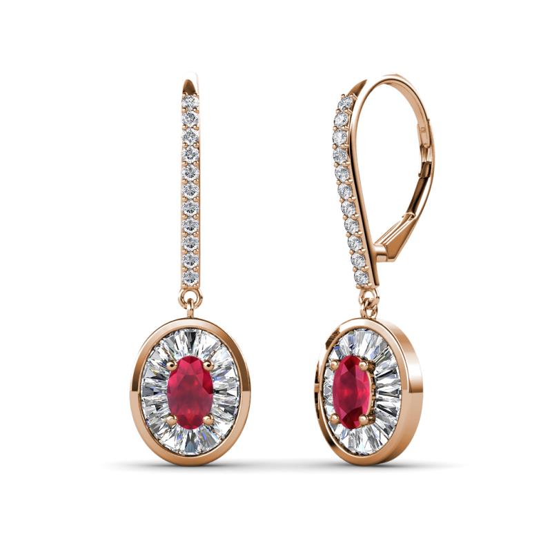 Dahlia Iris Oval Cut Ruby and Baguette Diamond Halo Dangling Earrings 