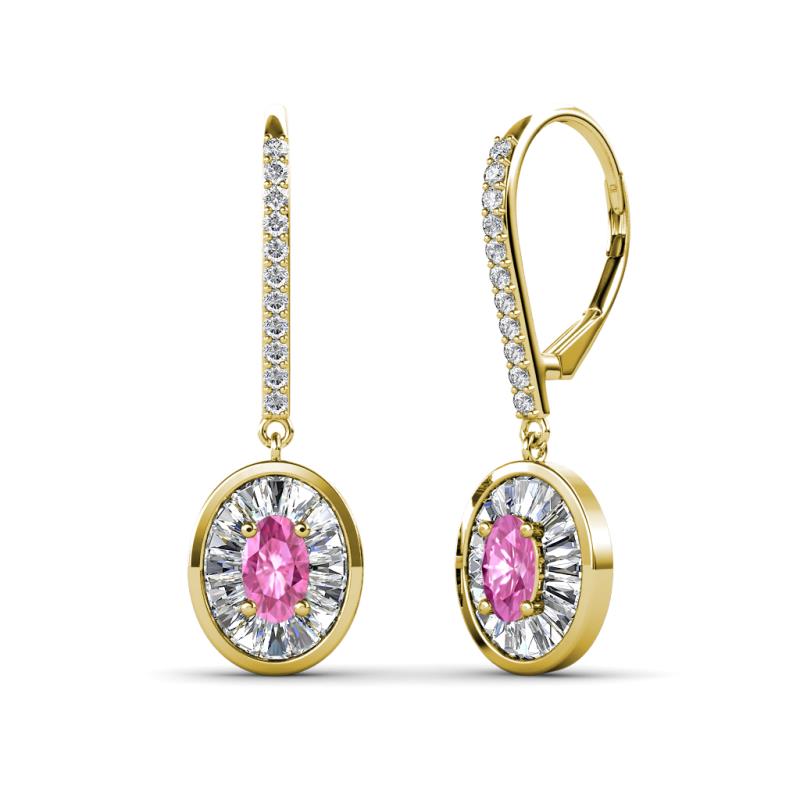 Dahlia Iris Oval Cut Pink Sapphire and Baguette Diamond Halo Dangling Earrings 