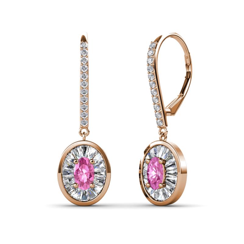 Dahlia Iris Oval Cut Pink Sapphire and Baguette Diamond Halo Dangling Earrings 