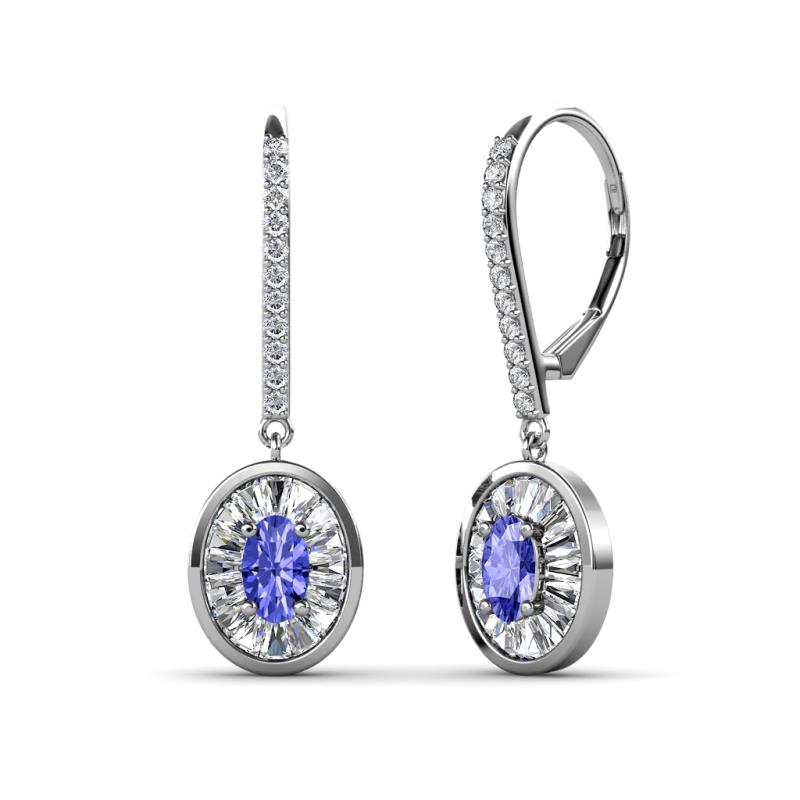 Dahlia Iris Oval Cut Tanzanite and Baguette Diamond Halo Dangling Earrings 