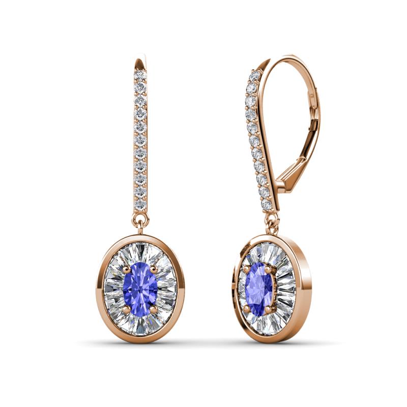 Dahlia Iris Oval Cut Tanzanite and Baguette Diamond Halo Dangling Earrings 