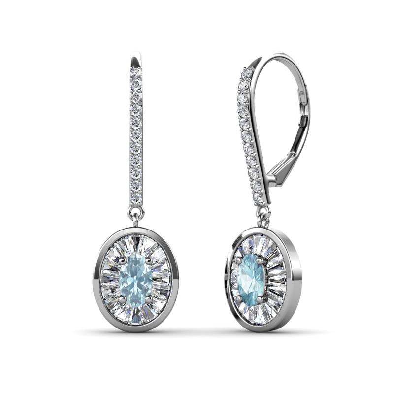 Dahlia Iris Oval Cut Aquamarine and Baguette Diamond Halo Dangling Earrings 