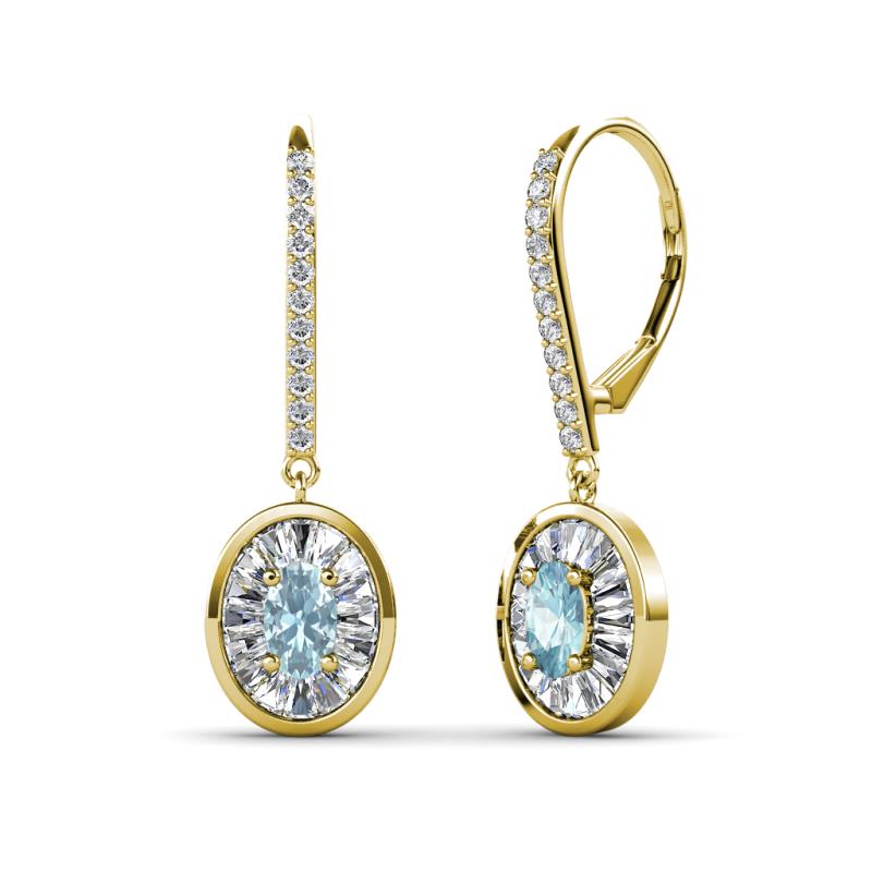 Dahlia Iris Oval Cut Aquamarine and Baguette Diamond Halo Dangling Earrings 