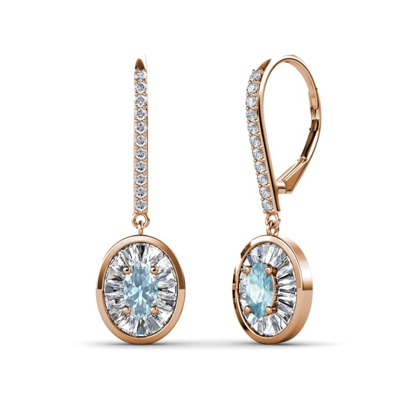 Dahlia Iris Oval Cut Aquamarine and Baguette Diamond Halo Dangling Earrings 