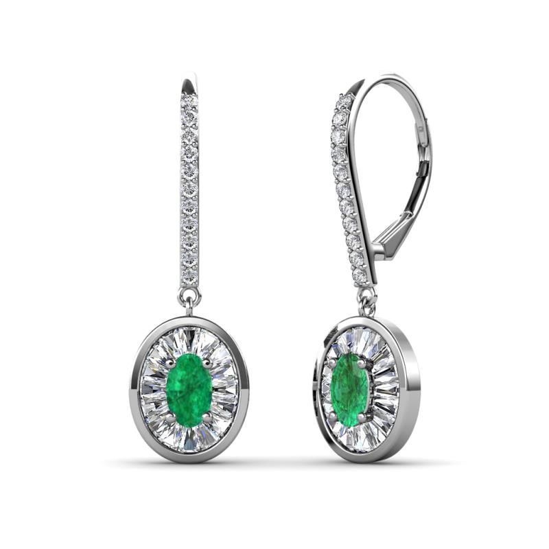 Dahlia Iris Oval Cut Emerald and Baguette Diamond Halo Dangling Earrings 