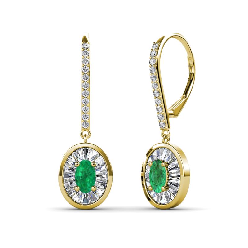 Dahlia Iris Oval Cut Emerald and Baguette Diamond Halo Dangling Earrings 