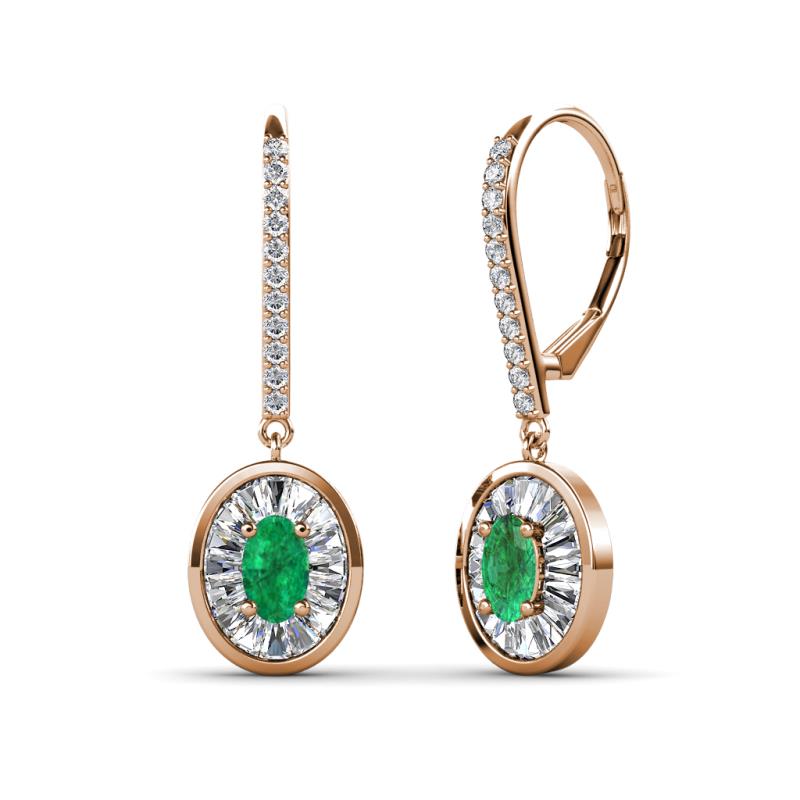 Dahlia Iris Oval Cut Emerald and Baguette Diamond Halo Dangling Earrings 