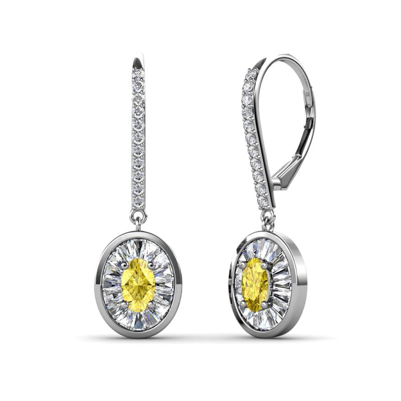 Dahlia Iris Oval Cut Yellow Sapphire and Baguette Diamond Halo Dangling Earrings 