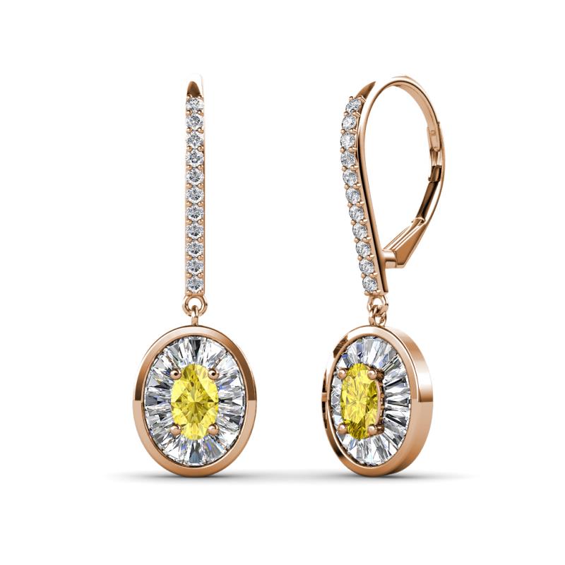 Dahlia Iris Oval Cut Yellow Sapphire and Baguette Diamond Halo Dangling Earrings 