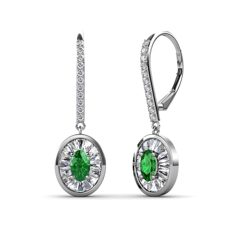 Dahlia Iris Oval Cut Green Garnet and Baguette Diamond Halo Dangling Earrings 