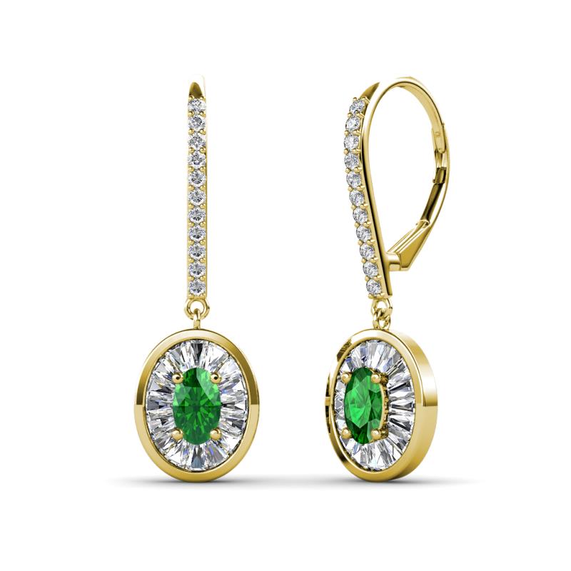 Dahlia Iris Oval Cut Green Garnet and Baguette Diamond Halo Dangling Earrings 