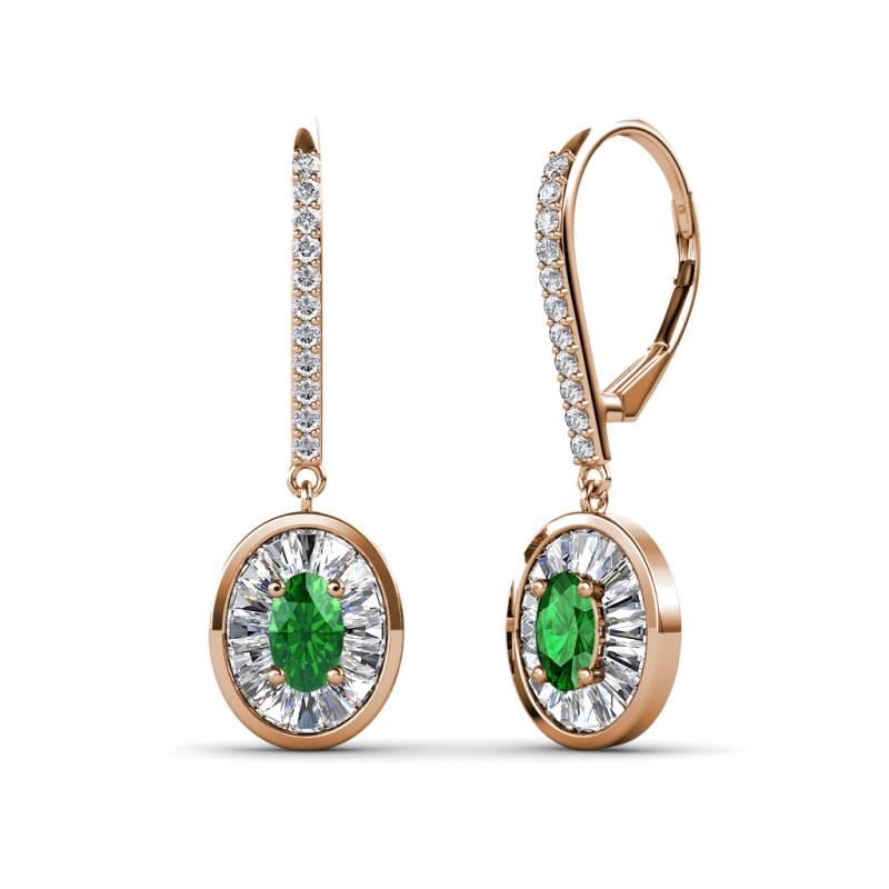 Dahlia Iris Oval Cut Green Garnet and Baguette Diamond Halo Dangling Earrings 