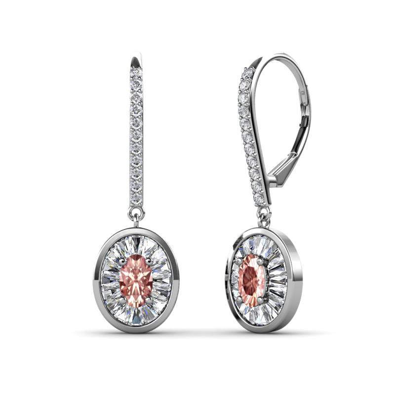 Dahlia Iris Oval Cut Morganite and Baguette Diamond Halo Dangling Earrings 