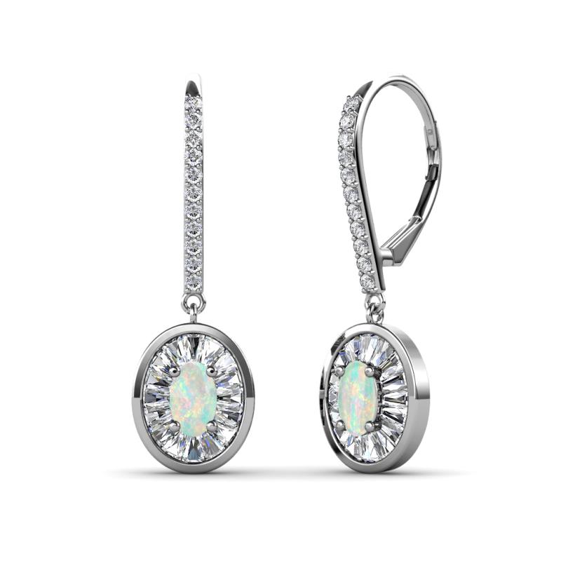 Dahlia Iris Oval Cut Opal and Baguette Diamond Halo Dangling Earrings 