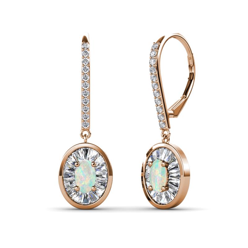Dahlia Iris Oval Cut Opal and Baguette Diamond Halo Dangling Earrings 