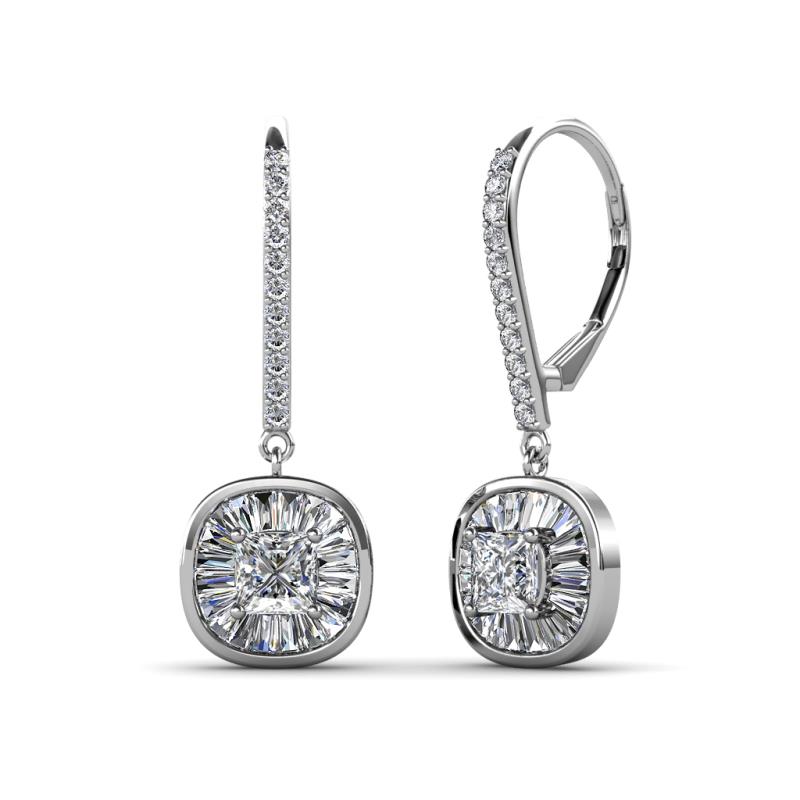 Blossom Iris Princess Cut and Baguette Diamond Halo Dangling Earrings 