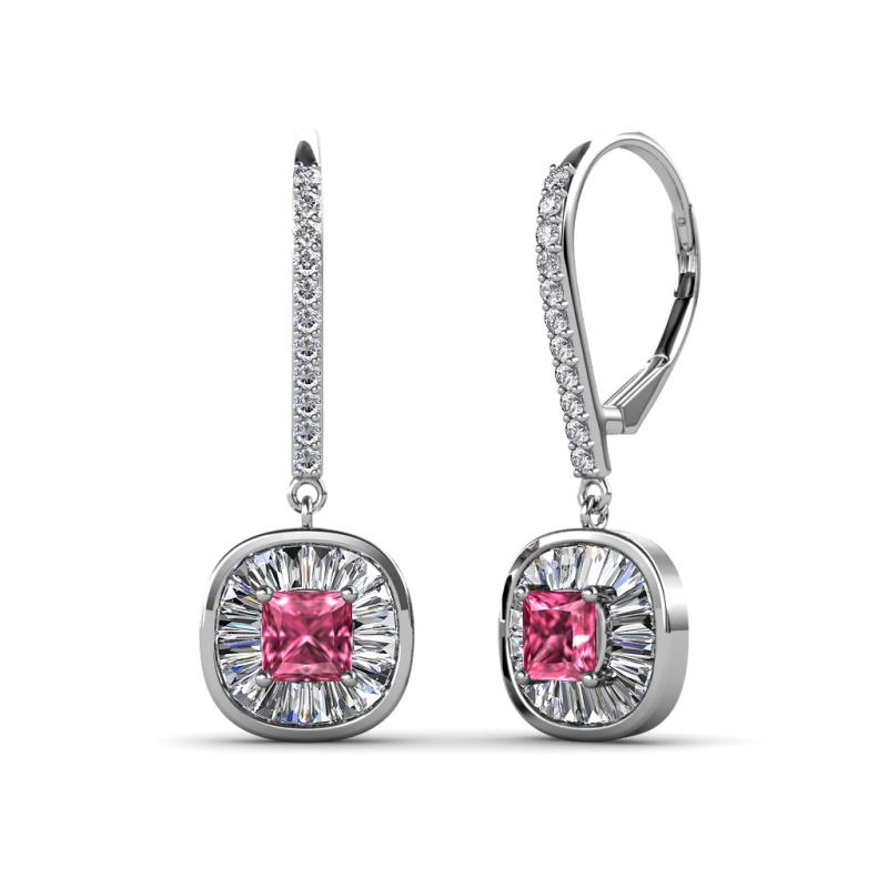 Blossom Iris Princess Cut Pink Tourmaline and Baguette Diamond Halo Dangling Earrings 