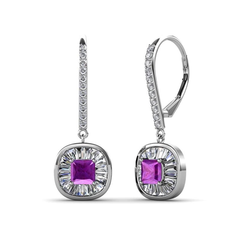 Blossom Iris Princess Cut Amethyst and Baguette Diamond Halo Dangling Earrings 