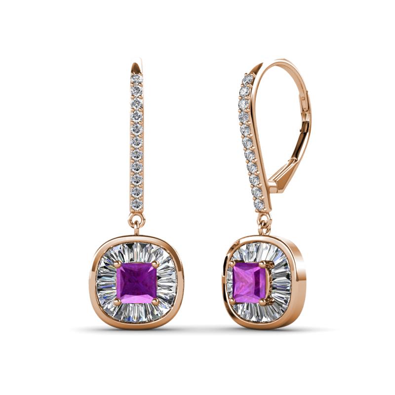 Blossom Iris Princess Cut Amethyst and Baguette Diamond Halo Dangling Earrings 