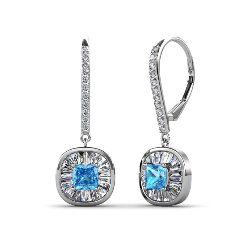 Blossom Iris Princess Cut Blue Topaz and Baguette Diamond Halo Dangling Earrings 