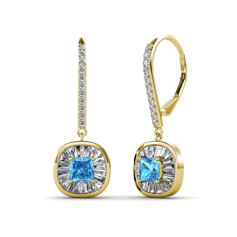 Blossom Iris Princess Cut Blue Topaz and Baguette Diamond Halo Dangling Earrings 