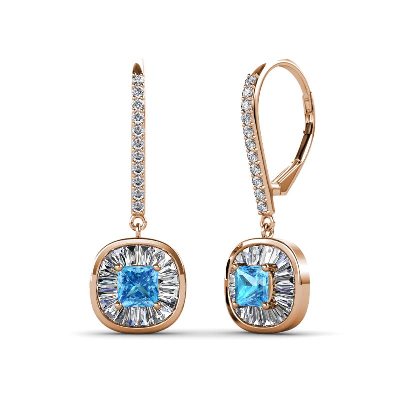 Blossom Iris Princess Cut Blue Topaz and Baguette Diamond Halo Dangling Earrings 