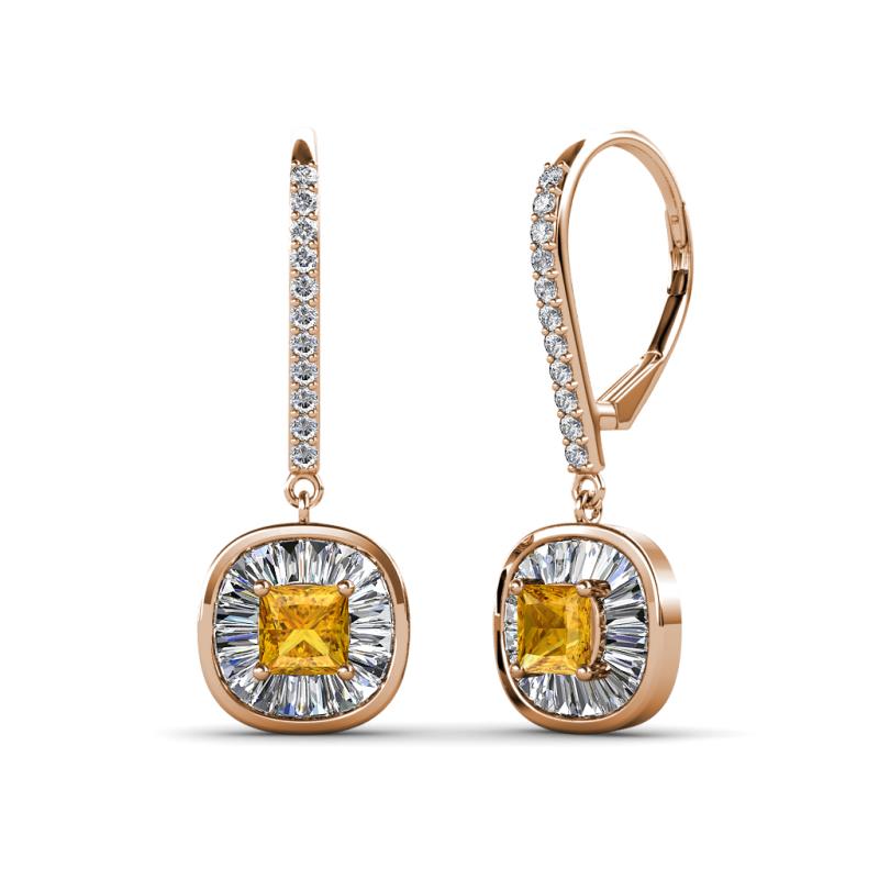 Blossom Iris Princess Cut Citrine and Baguette Diamond Halo Dangling Earrings 