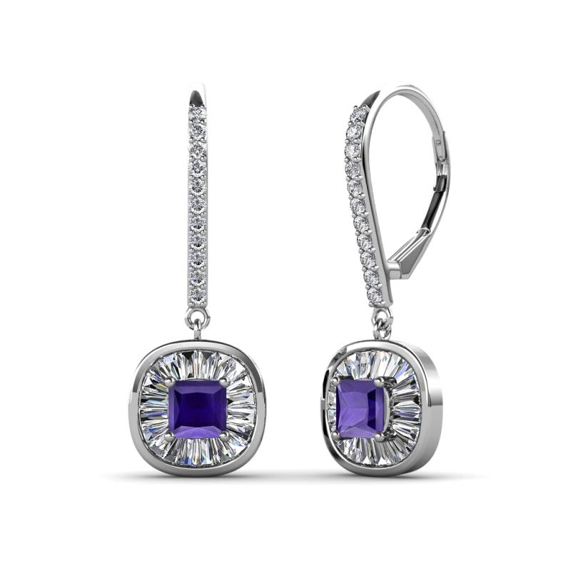 Blossom Iris Princess Cut Iolite and Baguette Diamond Halo Dangling Earrings 