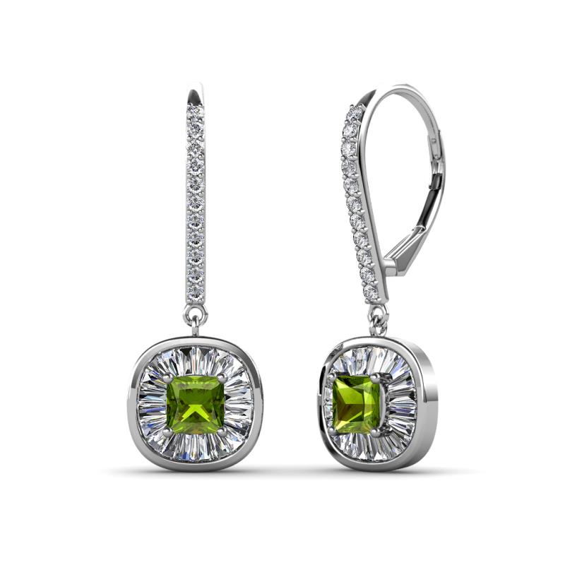 Blossom Iris Princess Cut Peridot and Baguette Diamond Halo Dangling Earrings 