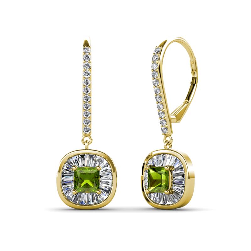 Blossom Iris Princess Cut Peridot and Baguette Diamond Halo Dangling Earrings 