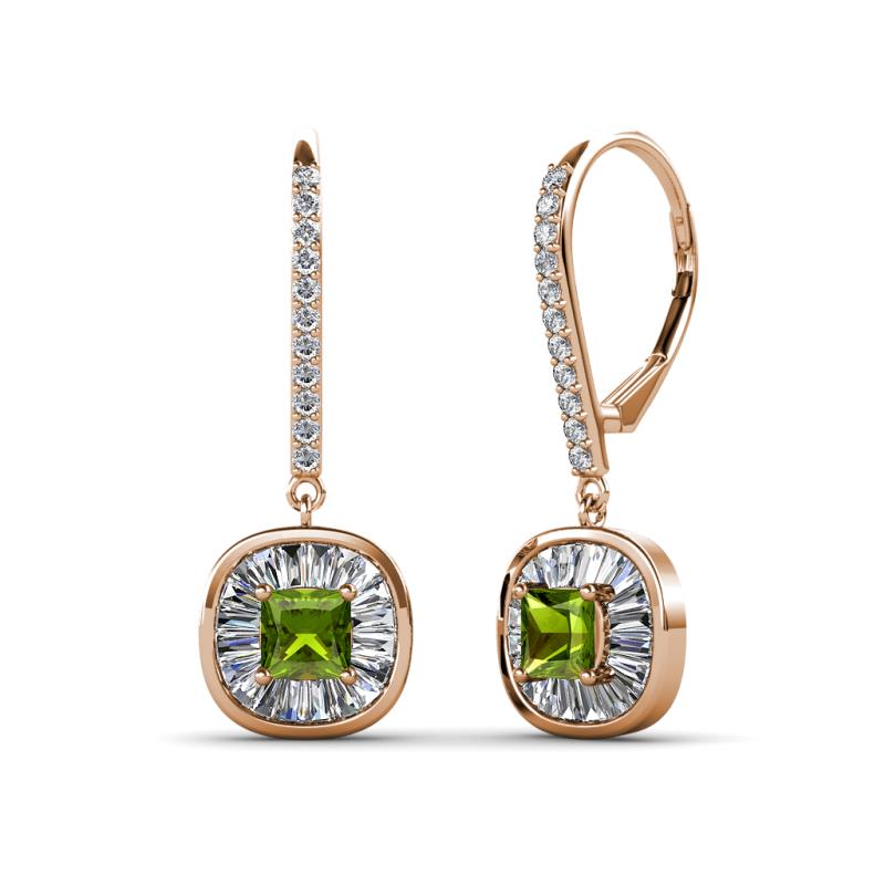 Blossom Iris Princess Cut Peridot and Baguette Diamond Halo Dangling Earrings 