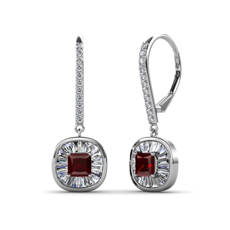 Blossom Iris Princess Cut Red Garnet and Baguette Diamond Halo Dangling Earrings 