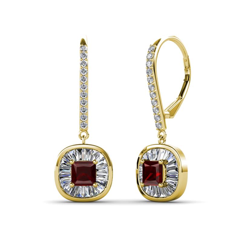 Blossom Iris Princess Cut Red Garnet and Baguette Diamond Halo Dangling Earrings 