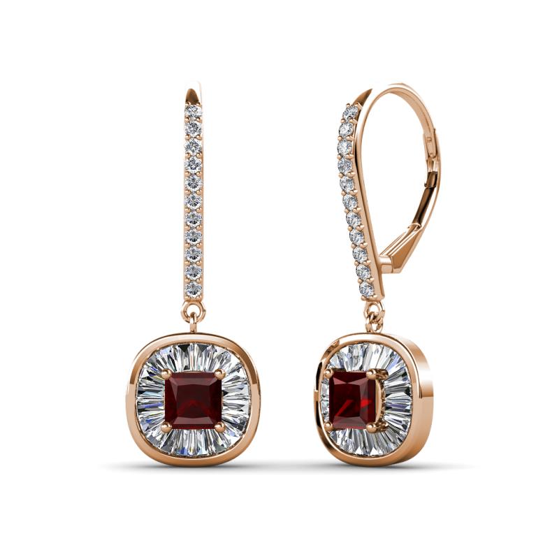 Blossom Iris Princess Cut Red Garnet and Baguette Diamond Halo Dangling Earrings 