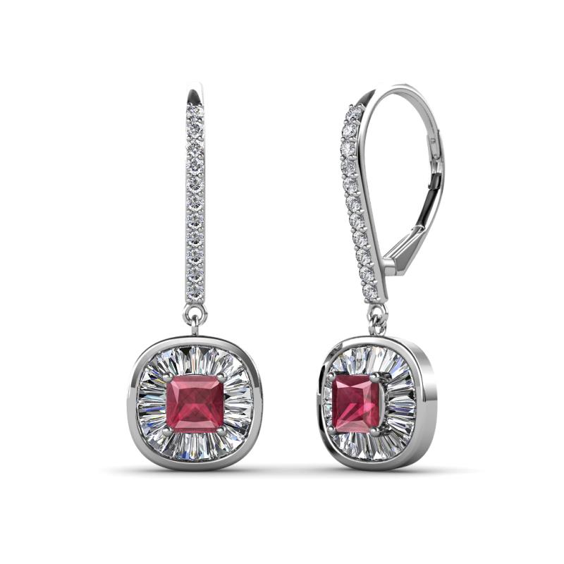Blossom Iris Princess Cut Rhodolite Garnet and Baguette Diamond Halo Dangling Earrings 