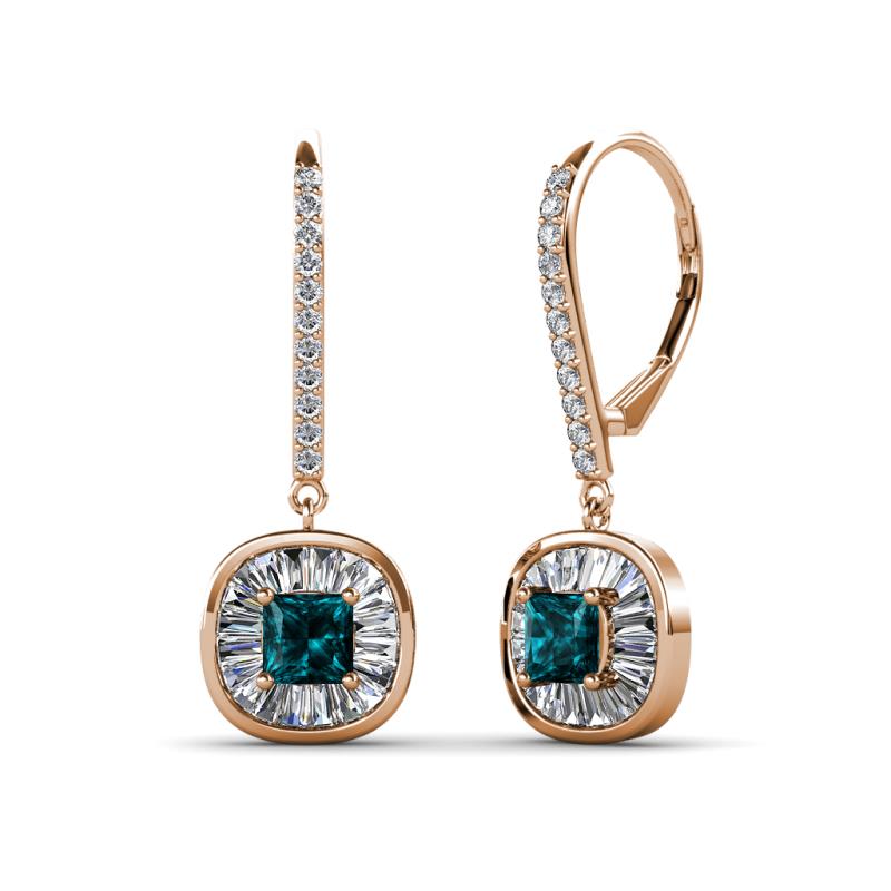 Blossom Iris Princess Cut London Blue Topaz and Baguette Diamond Halo Dangling Earrings 