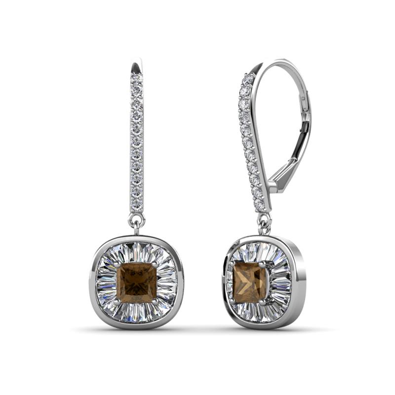 Blossom Iris Princess Cut Smoky Quartz and Baguette Diamond Halo Dangling Earrings 
