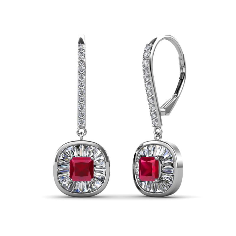 Blossom Iris Princess Cut Ruby and Baguette Diamond Halo Dangling Earrings 