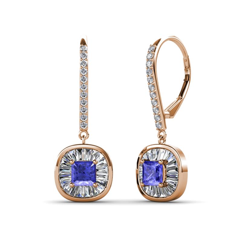 Blossom Iris Princess Cut Tanzanite and Baguette Diamond Halo Dangling Earrings 