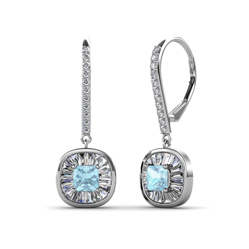 Blossom Iris Princess Cut Aquamarine and Baguette Diamond Halo Dangling Earrings 