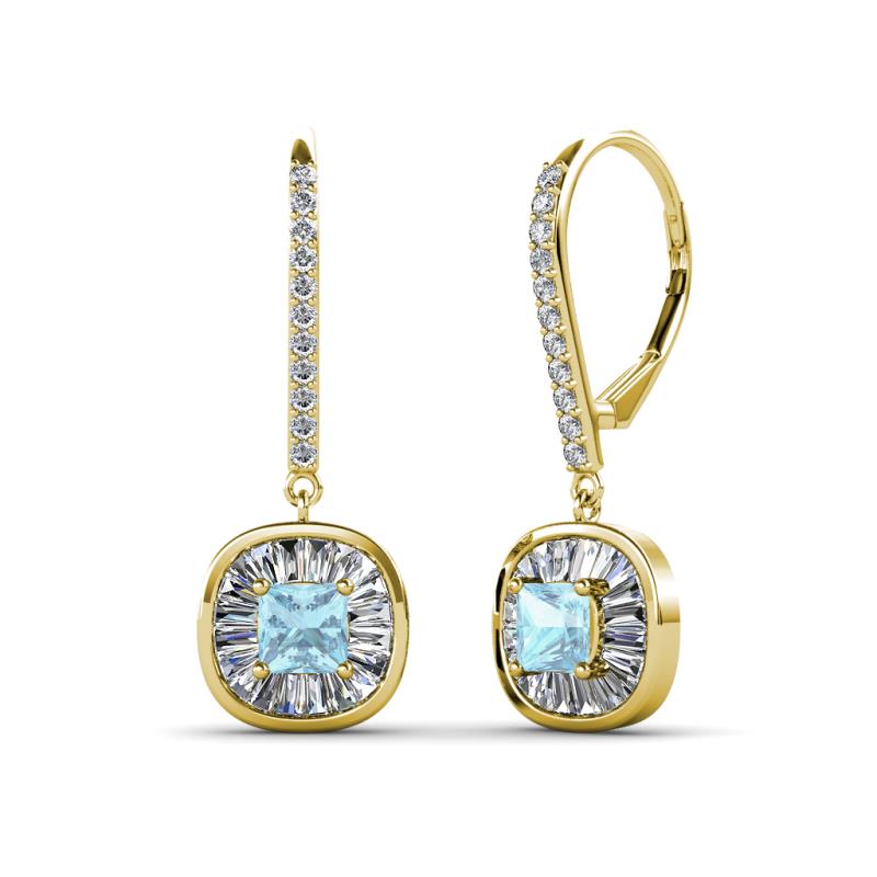 Blossom Iris Princess Cut Aquamarine and Baguette Diamond Halo Dangling Earrings 