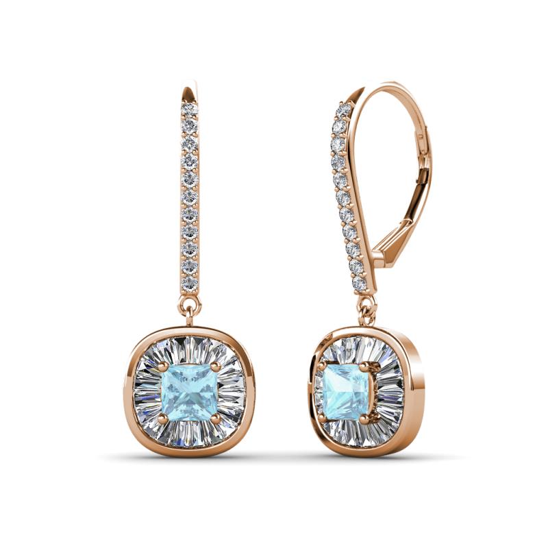 Blossom Iris Princess Cut Aquamarine and Baguette Diamond Halo Dangling Earrings 