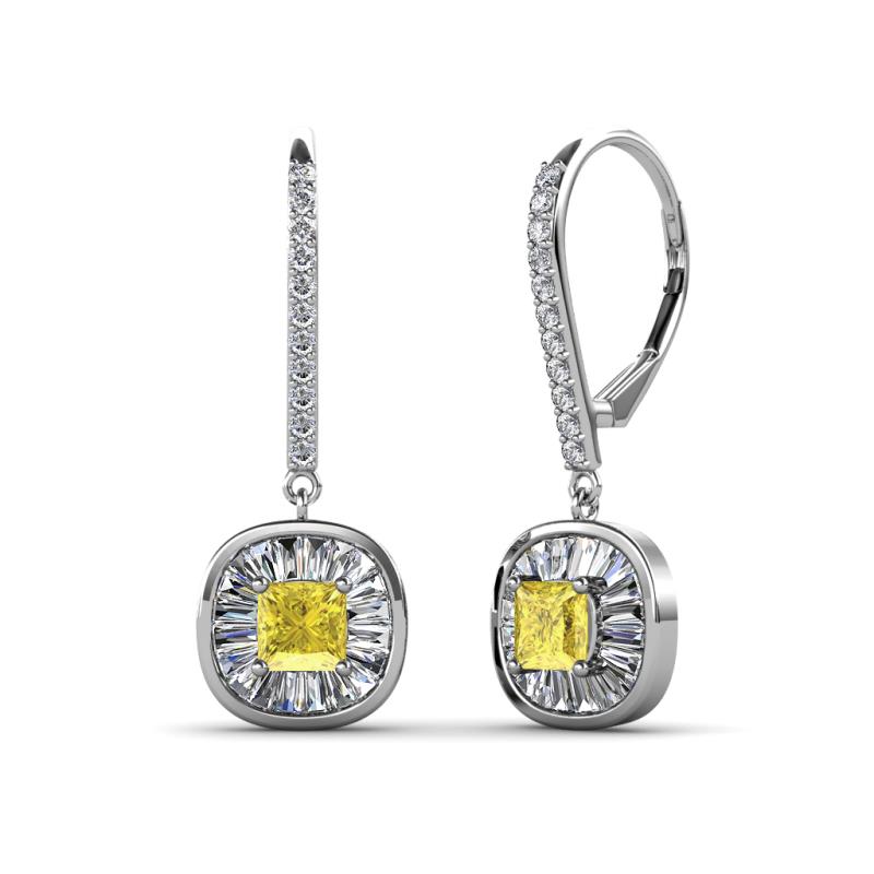 Blossom Iris Princess Cut Yellow Sapphire and Baguette Diamond Halo Dangling Earrings 
