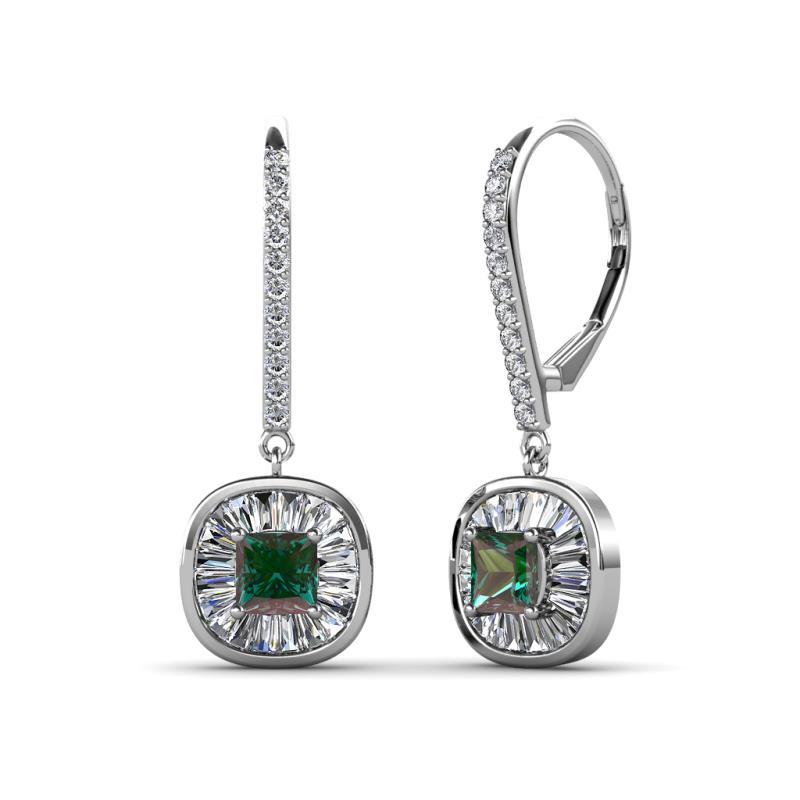 Blossom Iris Princess Cut Created Alexandrite and Baguette Diamond Halo Dangling Earrings 