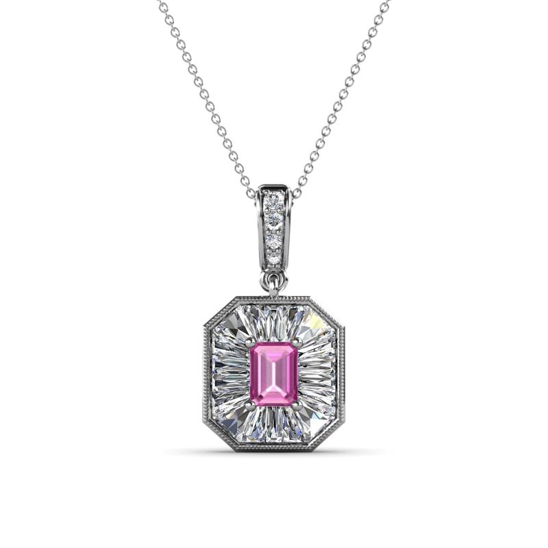 Pamela Iris 0.73 ctw Emerald Cut Pink Sapphire and Baguette Diamond Milgrain Halo Pendant Necklace 