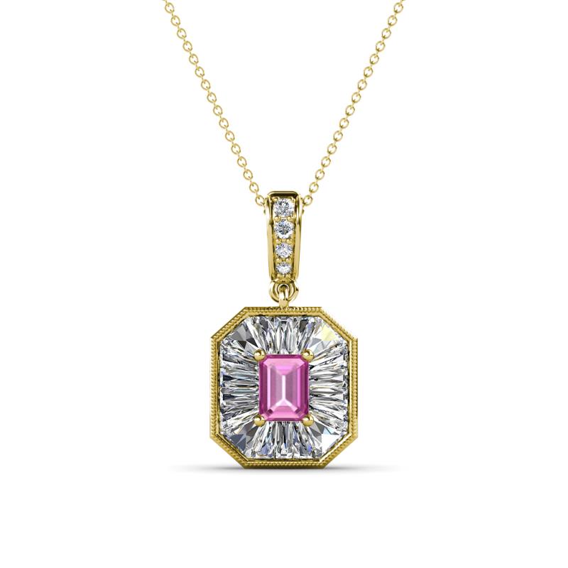 Pamela Iris 0.73 ctw Emerald Cut Pink Sapphire and Baguette Diamond Milgrain Halo Pendant Necklace 