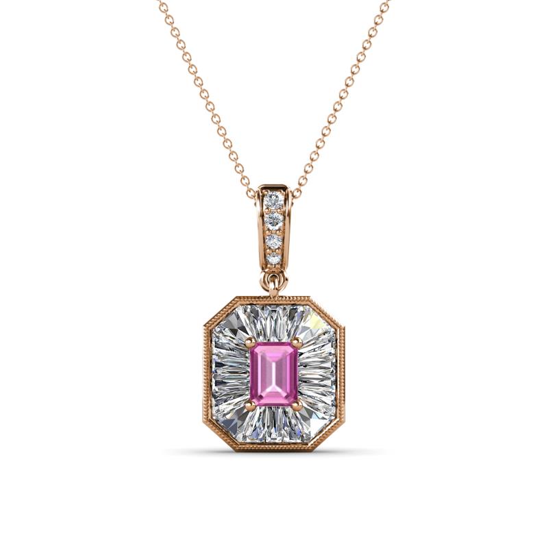 Pamela Iris 0.73 ctw Emerald Cut Pink Sapphire and Baguette Diamond Milgrain Halo Pendant Necklace 