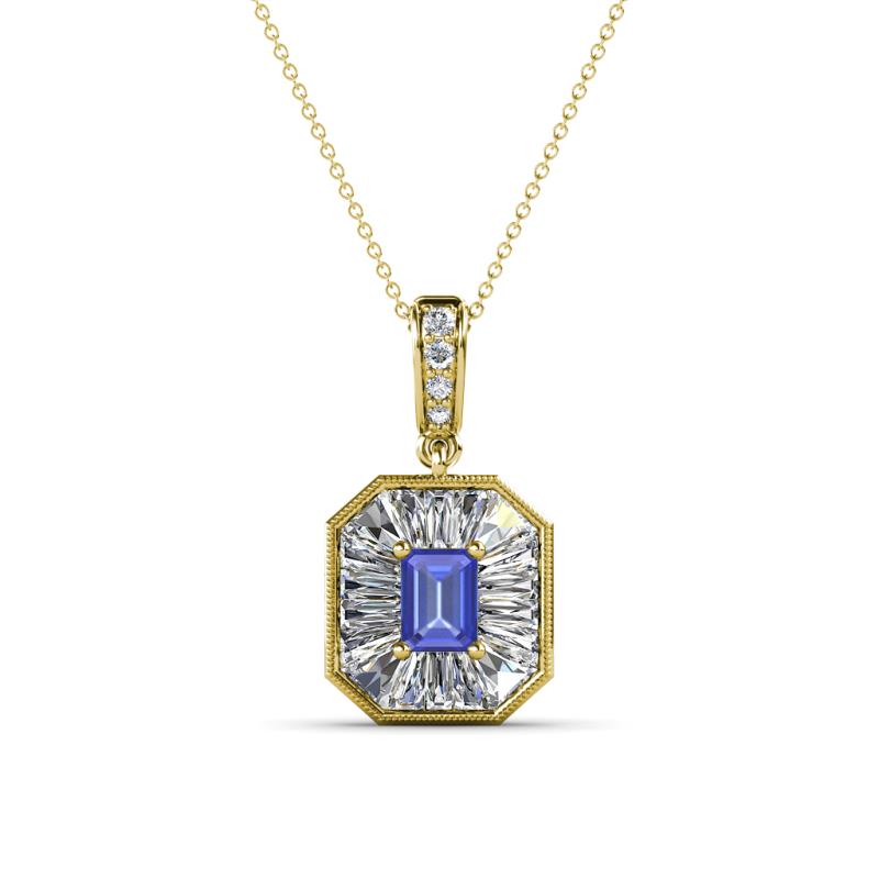 Pamela Iris 0.70 ctw Emerald Cut Tanzanite and Baguette Diamond Milgrain Halo Pendant Necklace 