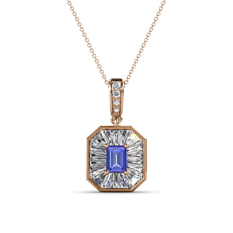 Pamela Iris 0.70 ctw Emerald Cut Tanzanite and Baguette Diamond Milgrain Halo Pendant Necklace 